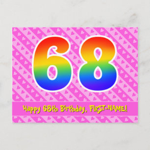 Carte Postale 68e anniversaire : rayures roses et cœurs, arc-en-