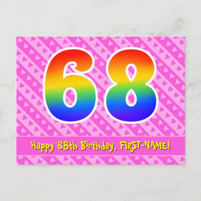 Carte Postale 68e anniversaire : rayures roses et cœurs, arc-en- (Devant)