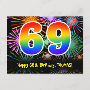 Carte Postale 69e anniversaire - Fun Motif Fireworks + Arc-en-ci