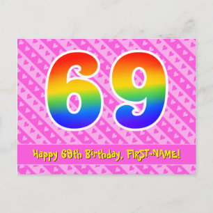 Carte Postale 69e Anniversaire : Rayures roses et cœurs, Arc-en-