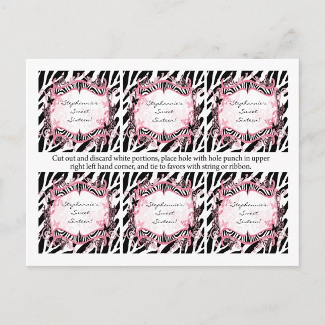 Carte Postale 6 Favoriser les étiquettes Girly Butterfly Zebra P (Devant)