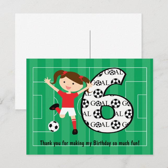Carte Postale 6e anniversaire Fille de football rouge et blanc 1 (Devant / Derrière)