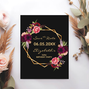 Carte Postale 70e anniversaire bordeaux floral noir Enregistrer 