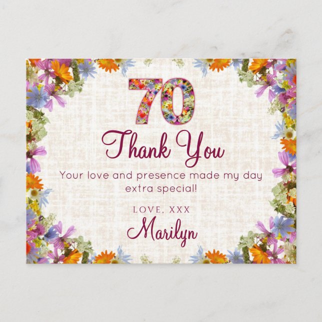 Carte Postale 70e anniversaire Merci - Design floral élégant (Devant)