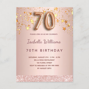 Carte Postale 70e anniversaire rose or rose étoiles script ballo