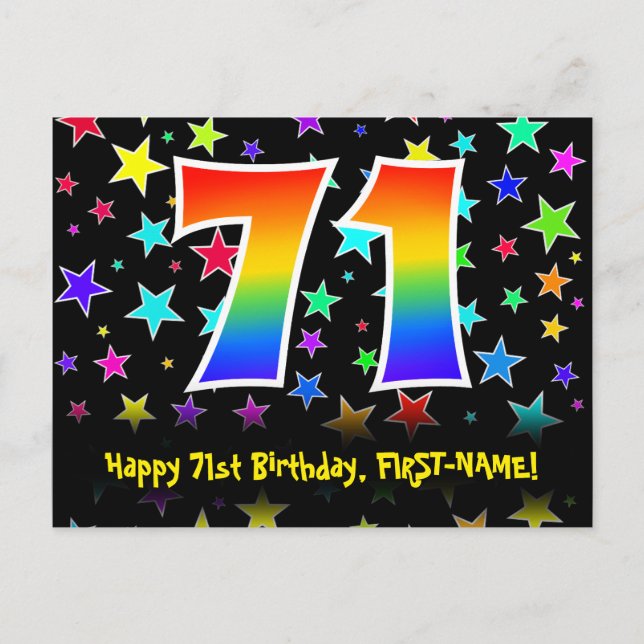 Carte Postale 71e Anniversaire : motif d'étoiles amusantes, arc- (Devant)
