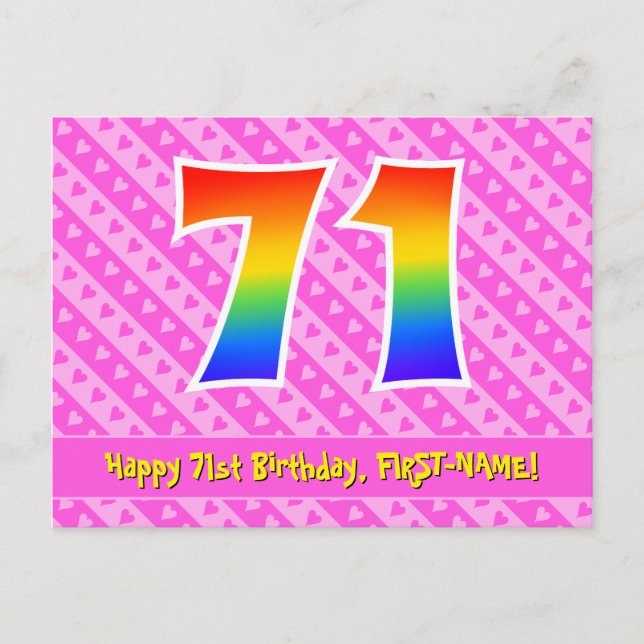 Carte Postale 71e anniversaire : Rayures roses et cœurs, Arc-en- (Devant)