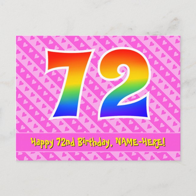 Carte Postale 72e anniversaire : Rayures roses et cœurs, Arc-en- (Devant)