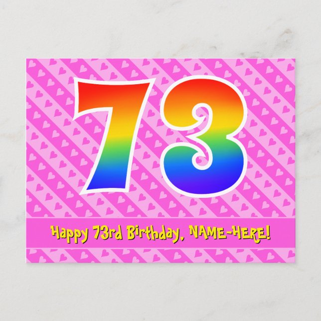 Carte Postale 73e Anniversaire : Rayures roses & Cœurs, Arc-en-c (Devant)