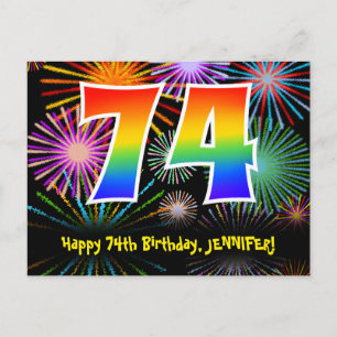 Carte Postale 74e anniversaire - Fun Motif Fireworks + Rainbow 7
