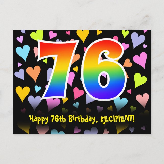 Carte Postale 76e anniversaire : motif de cœurs amusants, arc-en (Devant)