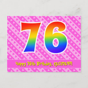 Carte Postale 76e anniversaire : rayures roses et cœurs, arc-en-