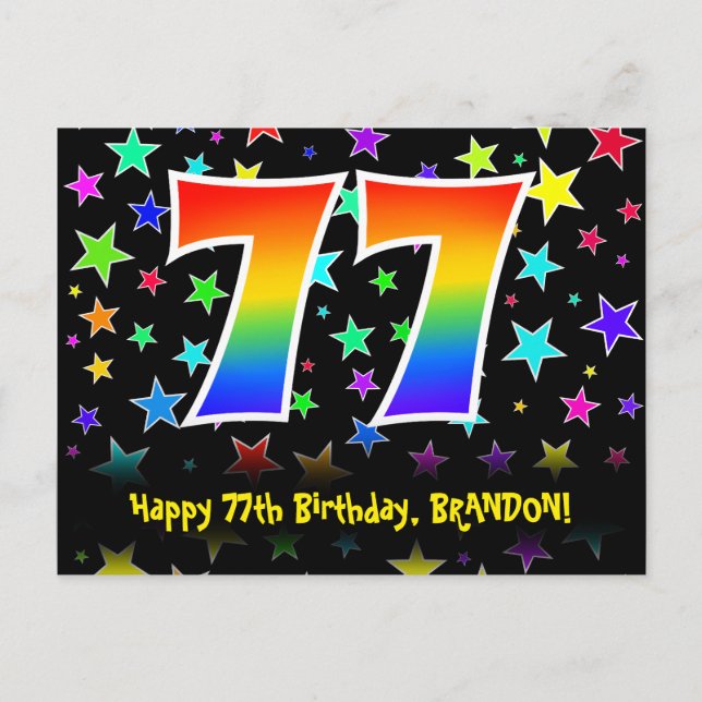 Carte Postale 77e Anniversaire : Motif Étoiles Amusantes, Arc-en (Devant)