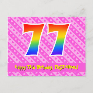 Carte Postale 77e Anniversaire : Rayures roses & Cœurs, Arc-en-c
