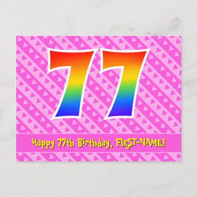 Carte Postale 77e anniversaire : rayures roses et cœurs, arc-en- (Devant)