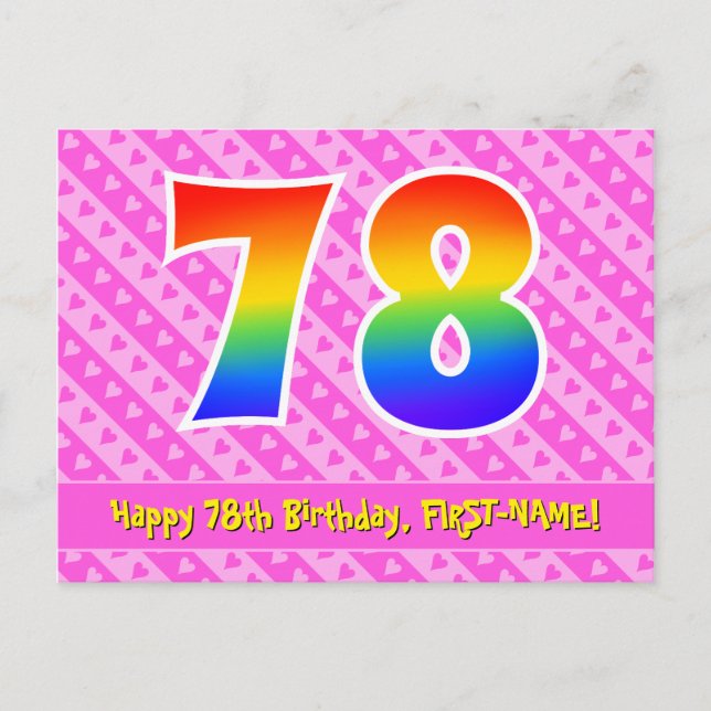 Carte Postale 78e anniversaire : Pink Stripes & Hearts, Rainbow  (Devant)