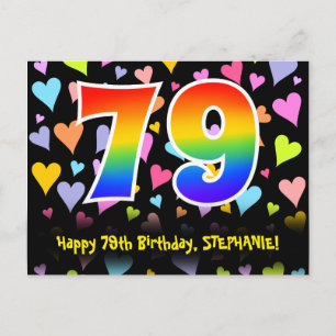 Carte Postale 79e anniversaire : motif coeurs amusants, arc-en-c