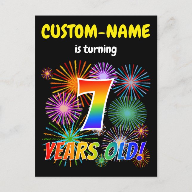 Carte Postale 7e anniversaire - Fun Fireworks, Rainbow Look "7" (Devant)