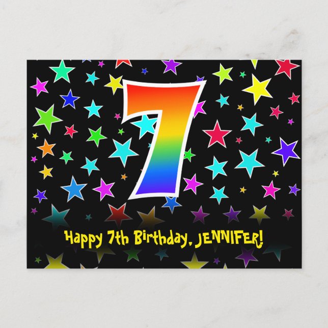 Carte Postale 7e anniversaire : motif d'étoiles amusantes, arc-e (Devant)