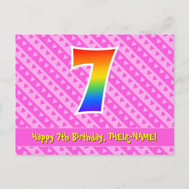 Carte Postale 7e anniversaire : Rayures roses et cœurs, Arc-en-c (Devant)