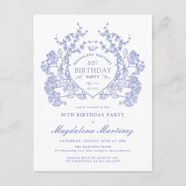 CARTE POSTALE 80E anniversaire Blue Floral Crest I (Devant)