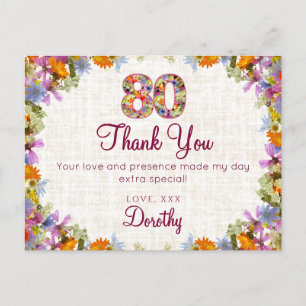 Carte Postale 80e anniversaire Merci - Design floral élégant