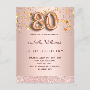 Carte Postale 80e anniversaire rose or rose étoiles script ballo