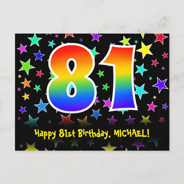 Carte Postale 81e Anniversaire : motif d'étoiles amusantes, arc- (Devant)