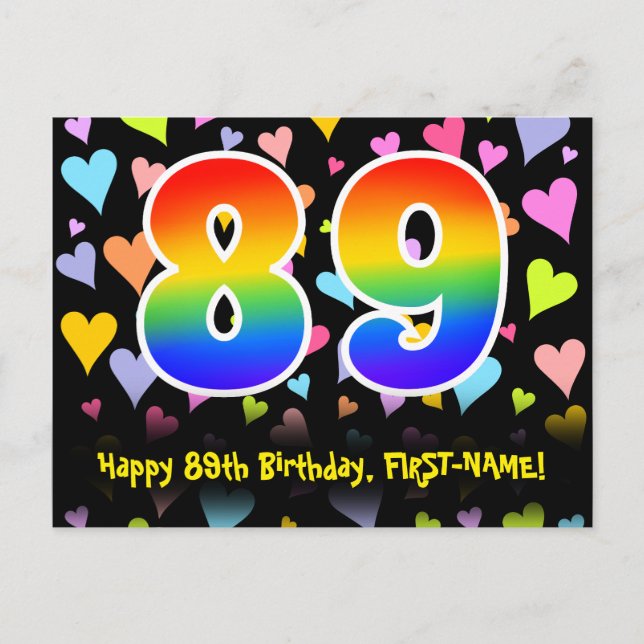 Carte Postale 89e Anniversaire : motif coeurs amusants, arc-en-c (Devant)