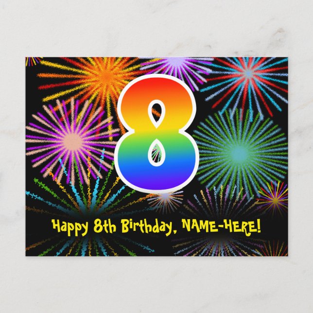 Carte Postale 8e Anniversaire – Motif de feux d'artifice amusant (Devant)