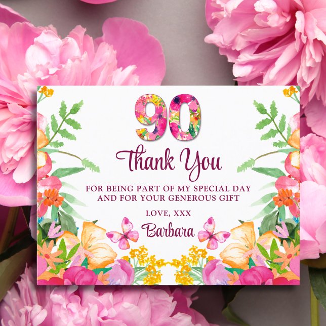 Carte Postale 90 ans Fleurs Papillon 90e anniversaire Merci (Créateur téléchargé)