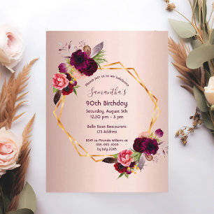 Carte Postale 90e anniversaire burgundy fleurie rose or invitati