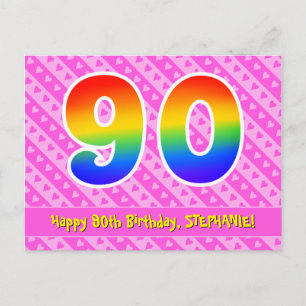 Carte Postale 90e anniversaire : Pink Stripes & Hearts, Rainbow 