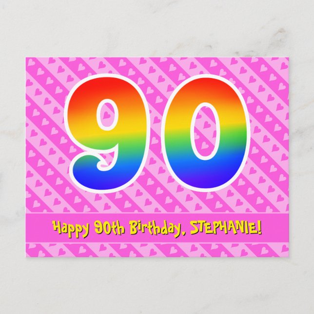 Carte Postale 90e anniversaire : Rayures roses et cœurs, Arc-en- (Devant)