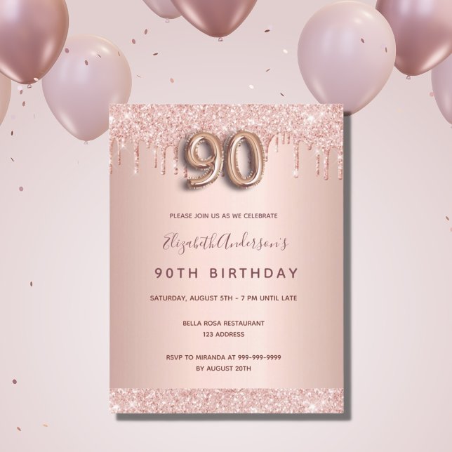 Carte Postale 90e anniversaire rose parties scintillant or rose  (Créateur téléchargé)