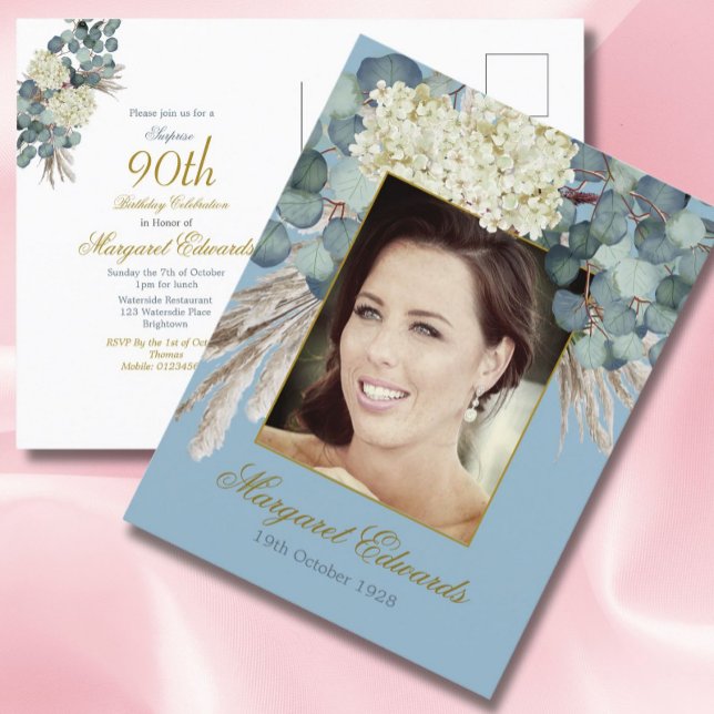 Carte Postale 90ème Floral Blue Gold Elegant Photo Anniversaire (Créateur téléchargé)