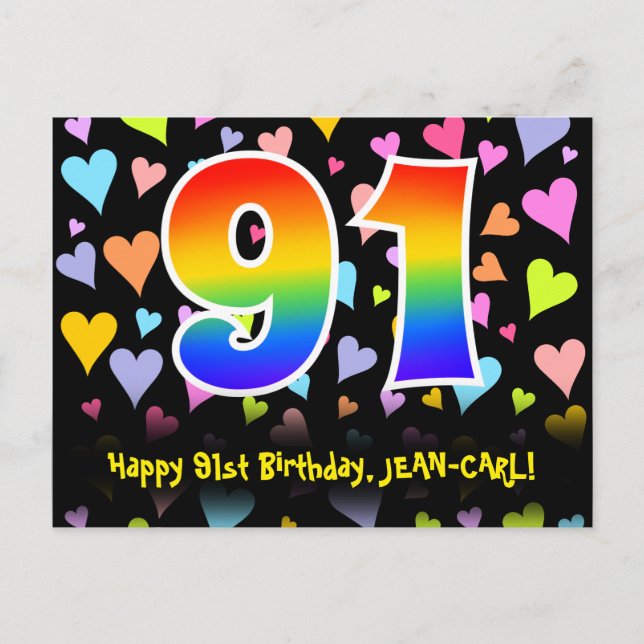 Carte Postale 91e anniversaire : motif de cœurs amusants, arc-en (Devant)