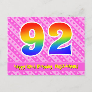 Carte Postale 92e anniversaire : rayures roses et cœurs, arc-en-