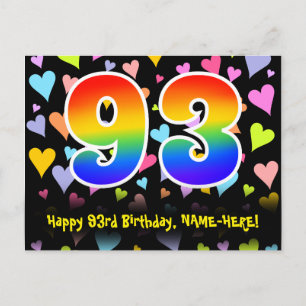 Carte Postale 93rd Birthday: Fun Hearts Pattern, Rainbow 93