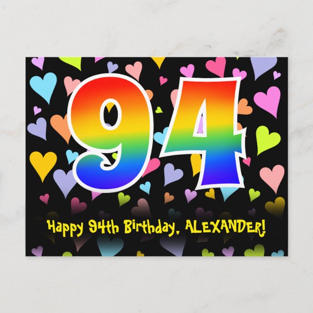 Carte Postale 94e anniversaire : Fun Hearts Motif, Arc-en-ciel 9 (Devant)