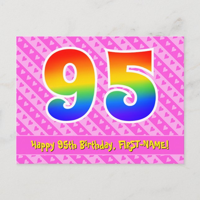 Carte Postale 95e Anniversaire : Rayures roses & Cœurs, Arc-en-c (Devant)