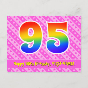 Carte Postale 95e anniversaire : rayures roses et cœurs, arc-en-