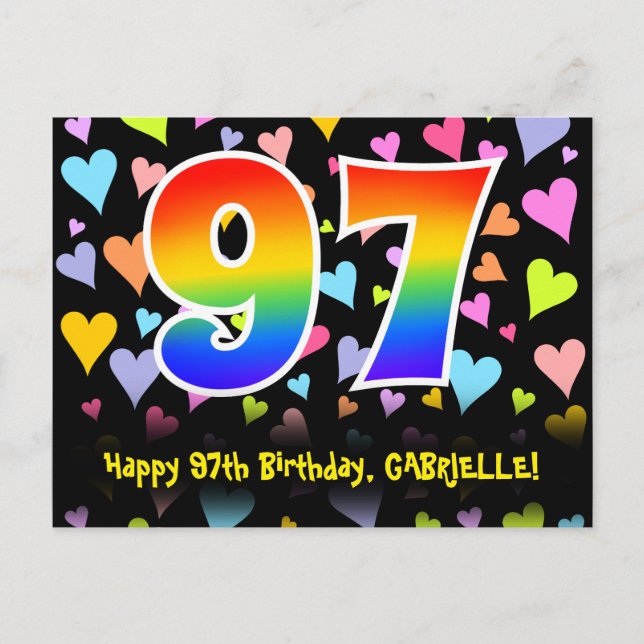 Carte Postale 97e Anniversaire : Motif coeurs amusants, Arc-en-c (Devant)