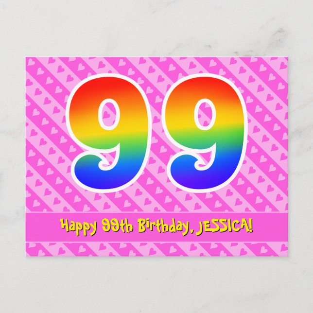 Carte Postale 99e anniversaire : Pink Stripes & Hearts, Arc en c (Devant)