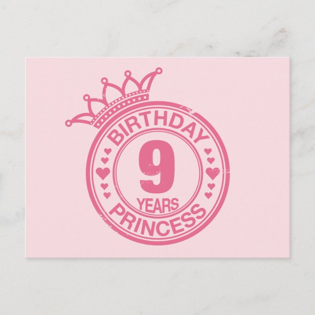 Carte Postale 9 ans - Anniversaire Princesse - rose (Devant)
