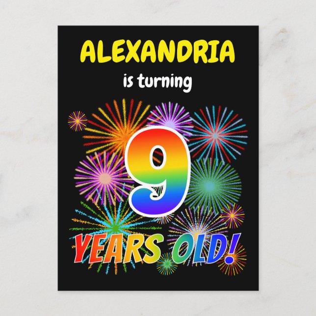 Carte Postale 9e anniversaire - Fun Fireworks, Rainbow Look "9" (Devant)