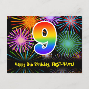 Carte Postale 9e anniversaire - Fun Motif Fireworks + Rainbow 9