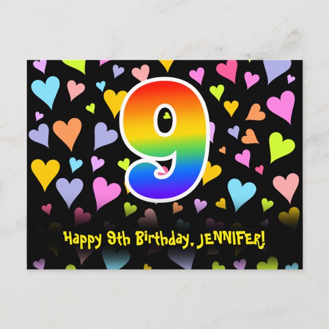Carte Postale 9e anniversaire : motif de cœurs amusants, 9 arc-e (Devant)