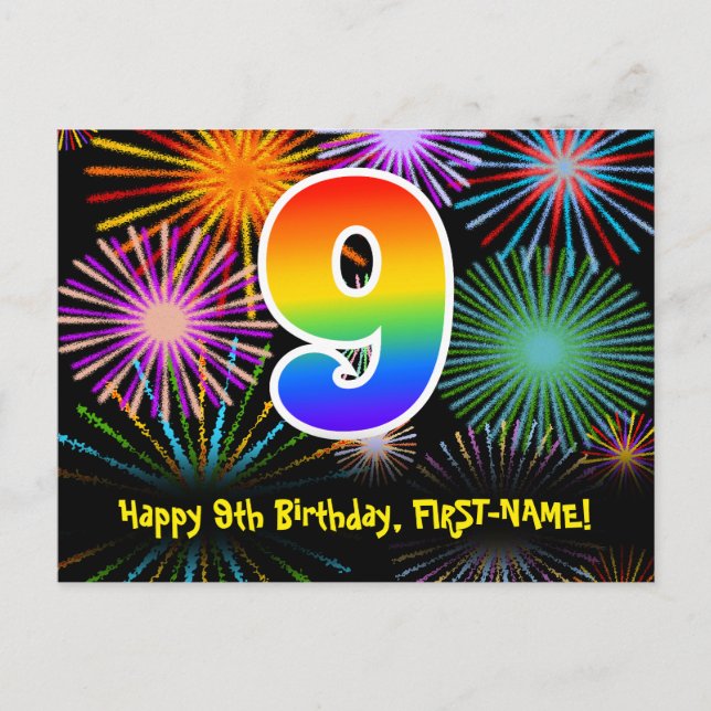 Carte Postale 9e anniversaire – motif de feux d'artifice amusant (Devant)