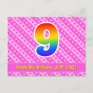 Carte Postale 9e anniversaire : Rayures roses et cœurs, arc-en-c